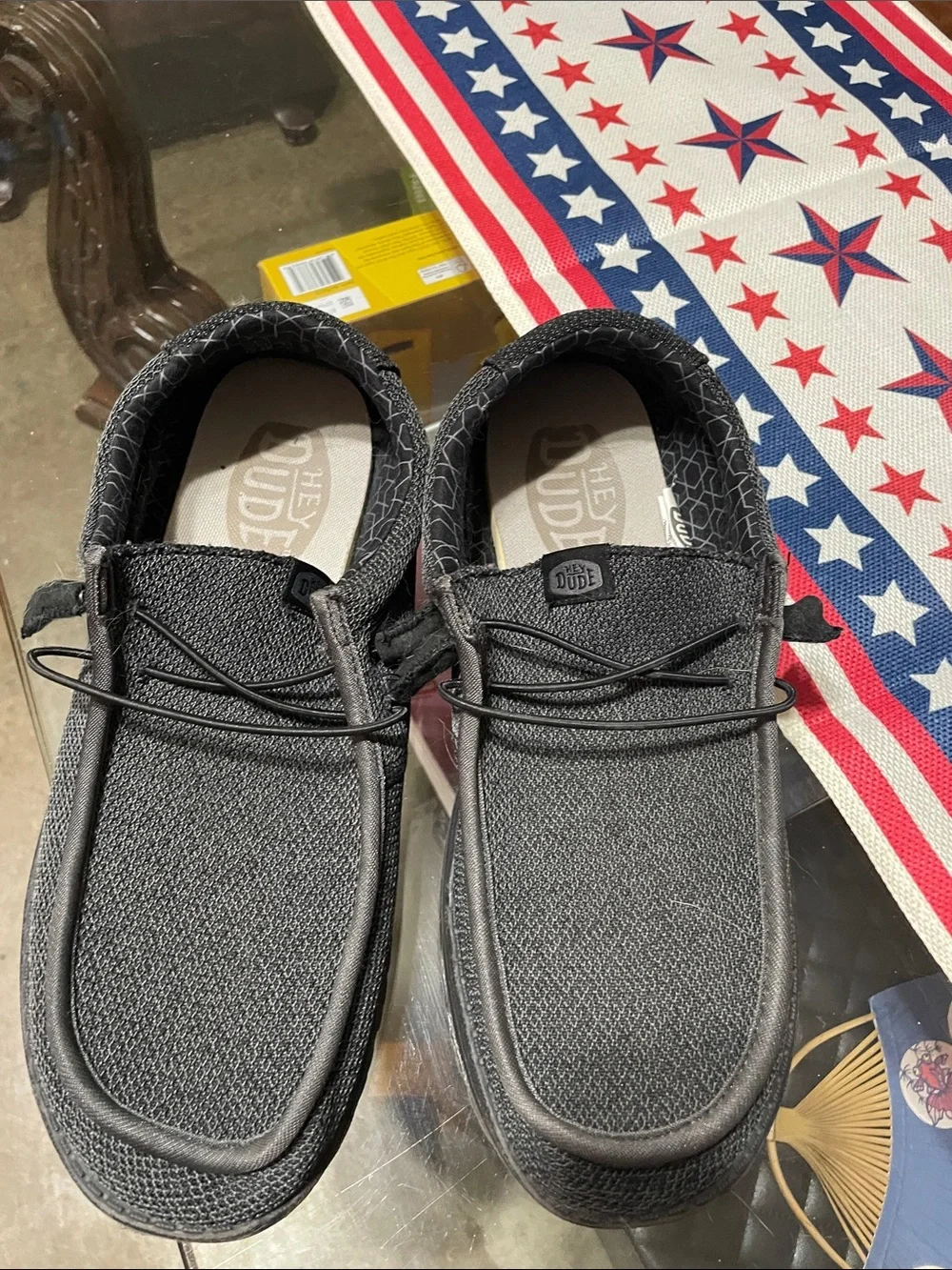 **Fairly worn** Hey Dude Black Knit Slip-On Loafers with Elastic Lacing